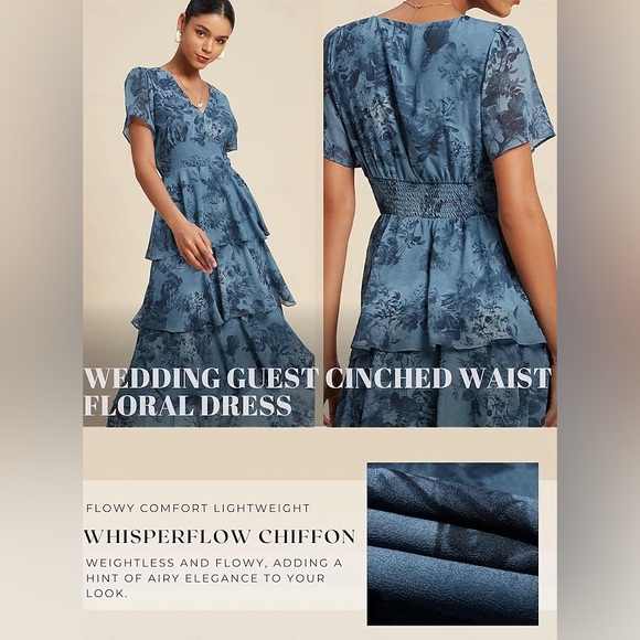 NWT 💙 ADOR Navy Floral Chiffon Elastic Waist Dress #15814645 Size Large - Picture 2 of 15